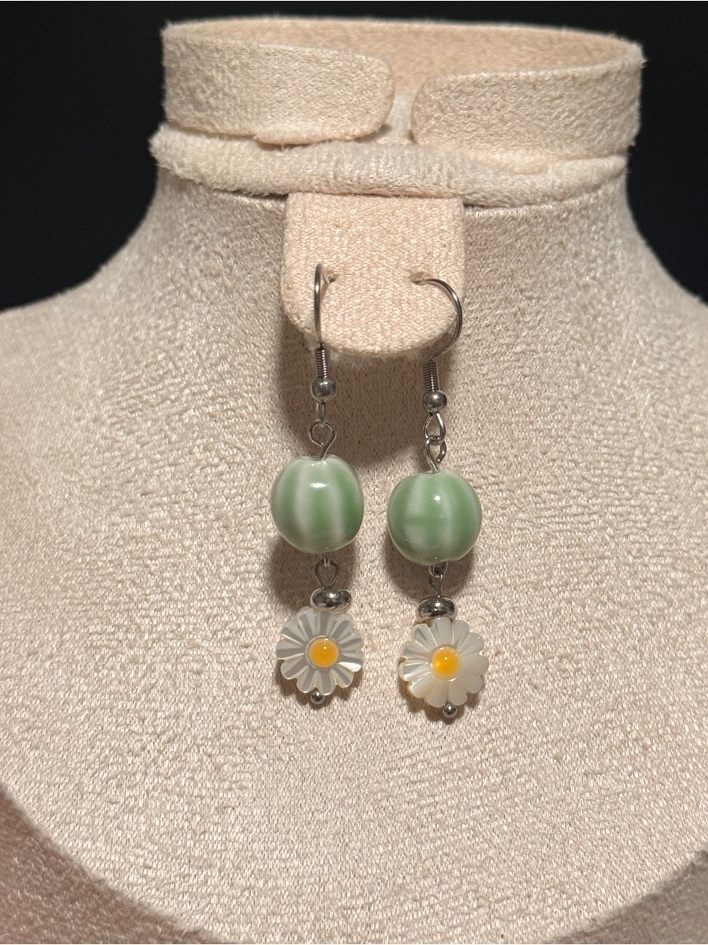 Handmade Green ceramic Bead Daisy Drop Earrings